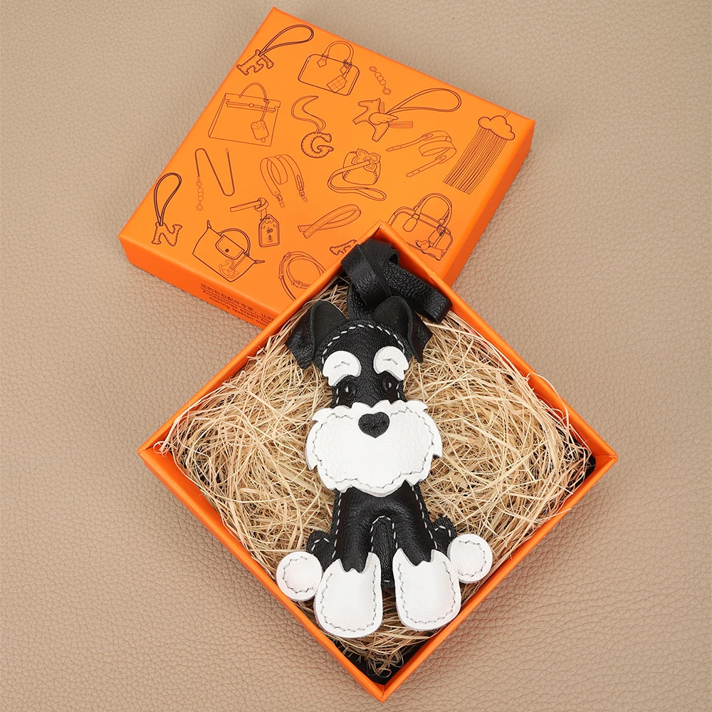 CRAZYSMITH Handmade Genuine Leather Bag Charm Schnauzer Keychain Purse Charms Bag Pendant for Handbags DIY Gift Bag Accessories