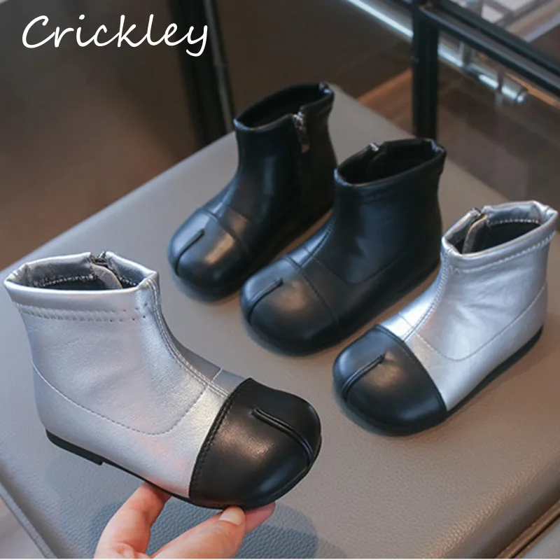 Patchwork PU Children Fashion Boots Fake Split-toe Girls Chelsea Boots 2026 Zip Soft Non Slip Toddler Kids Ankle Shoes
