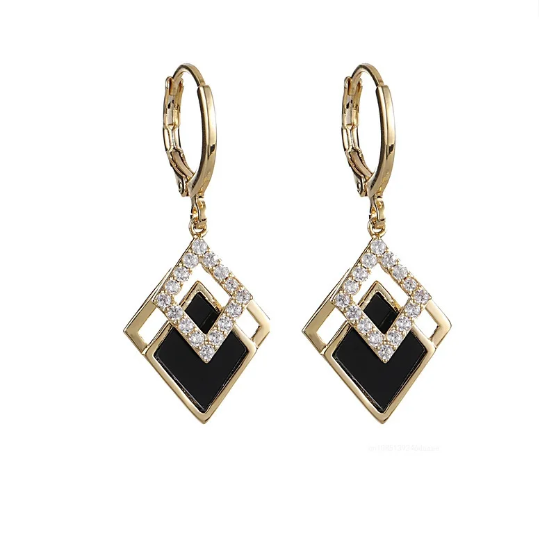 Korean Trendy Ear Buckle for Hoops Woman Trend 2024 Delicate Black Double Rhombus Dangle Earrings Wedding Jewelry