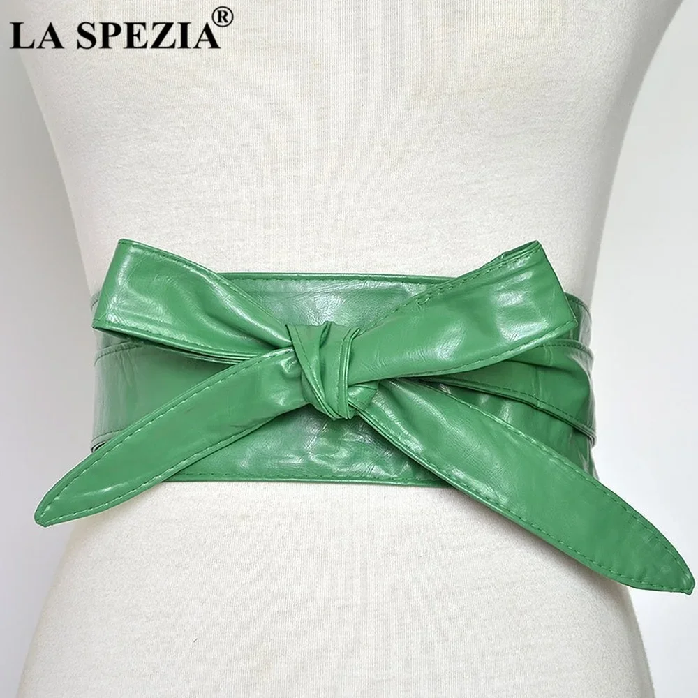 LA SPEZIA Green Women Belt Pu Leather Cummerbunds for Women Wide Waist Belt Bow Self Tie Wrap Ladies Fashion Strap Red Black