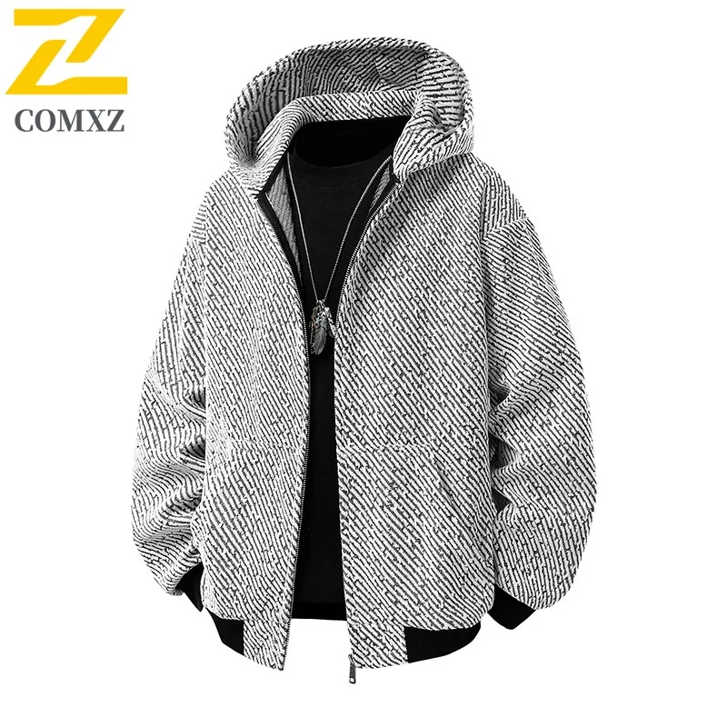 

COMXZ 2025 Men Knit Stripe Hoodie Jacket Spring American Vintage Heavyweight Sweatshirt Coat Casual Fashion Streetwear