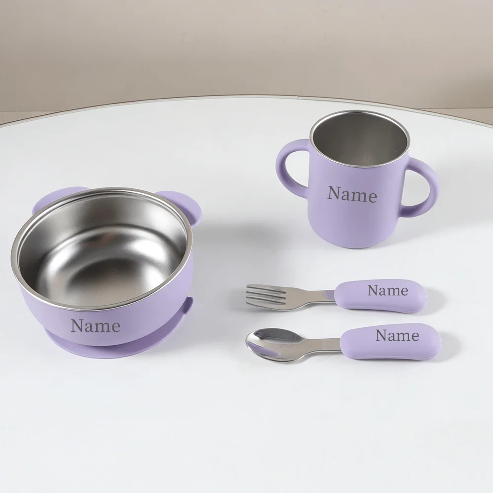 

2026 Custom Name Baby Bowl cup spoon fork set Cute Bear Silicone Suction Bowl Base Baby silicone bear head stainless steel