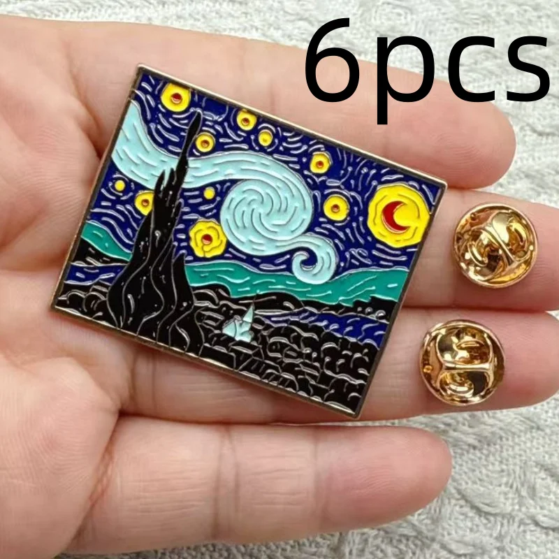 6pcs Van Gogh Oil Painting Enamel Pins The Scream Starry Sky Sunflowers Art Brooches Lapel Badge Jewelry christmas Gifts