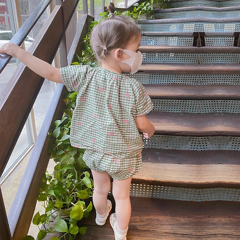 Bebe Children Clothes Set Girls Flower Embroidery Dress Newborn Cotton Plaid Rompers Tops Baby Kids Cute T Shirt Shorts Suit