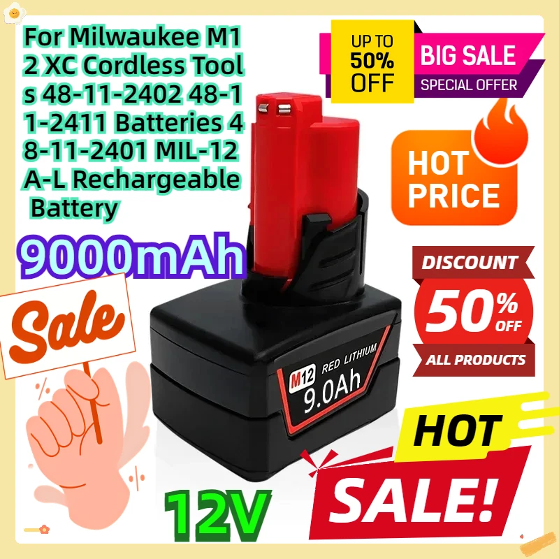 

For Milwaukee M12 XC Cordless Tools 48-11-2402 48-11-2411 Batteries 48-11-2401 MIL-12A-L 12V 9000mAh Rechargeable Battery