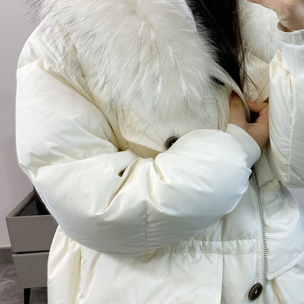 White Duck Down Jacket Women Waterproof Winter Long Puffer Jacket 2024 Fashion Real Raccoon Fur Hooded Female Feather