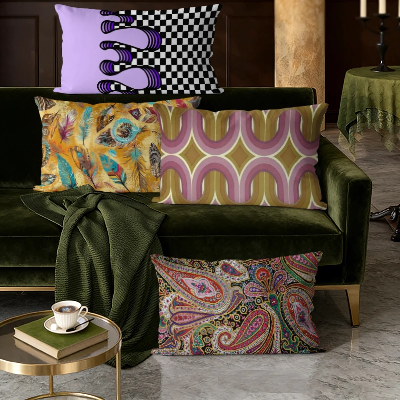 Retro Boho Paisley Checker Cushion Covers Suitable For Sofa Bedroom Car Pillow Cover Cushion Rectangular Back Cushion