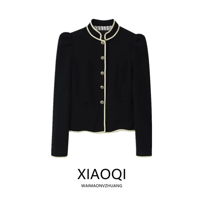Fall 2026 New Women's Long Sleeve Stand Collar Color Block Trim Suit Jacket Slim Fit Short Length Fashion Outerwear