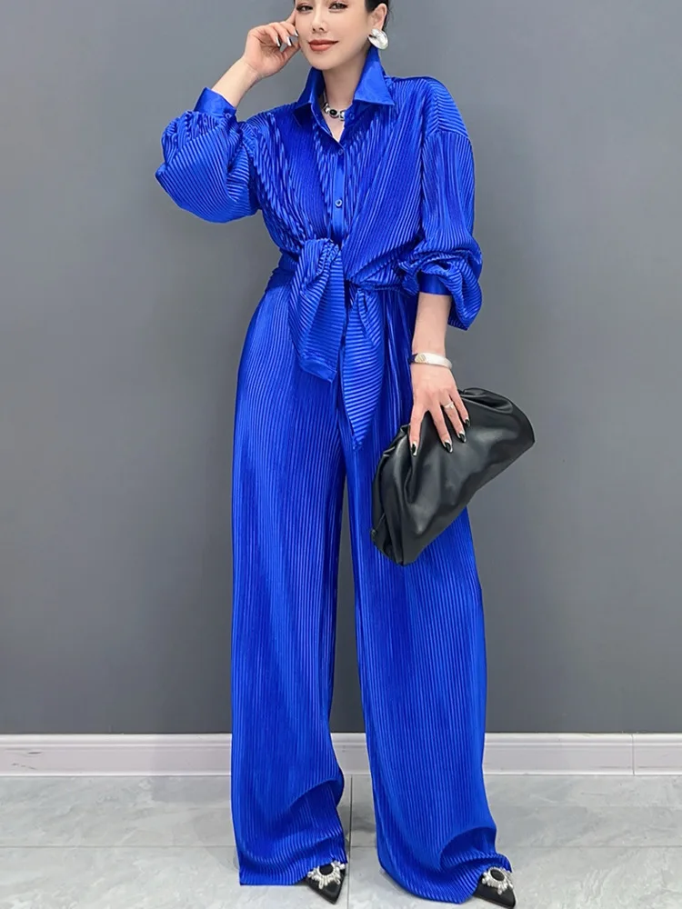 SHENGPALAE 2024 Spring New Set Pleated High Elastic Solid Color Long Sleeved Shirt Wide Legged Pants Elegant 2 Piece Set 5R9602