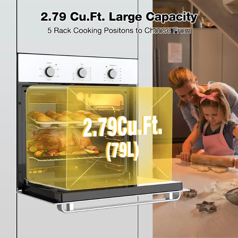 24" Single Wall Oven, ETL Certified, ThermoMate 2.79 Cu.ft. Electric Wall Oven with 5 Cooking Functions, White Built-in Ovens