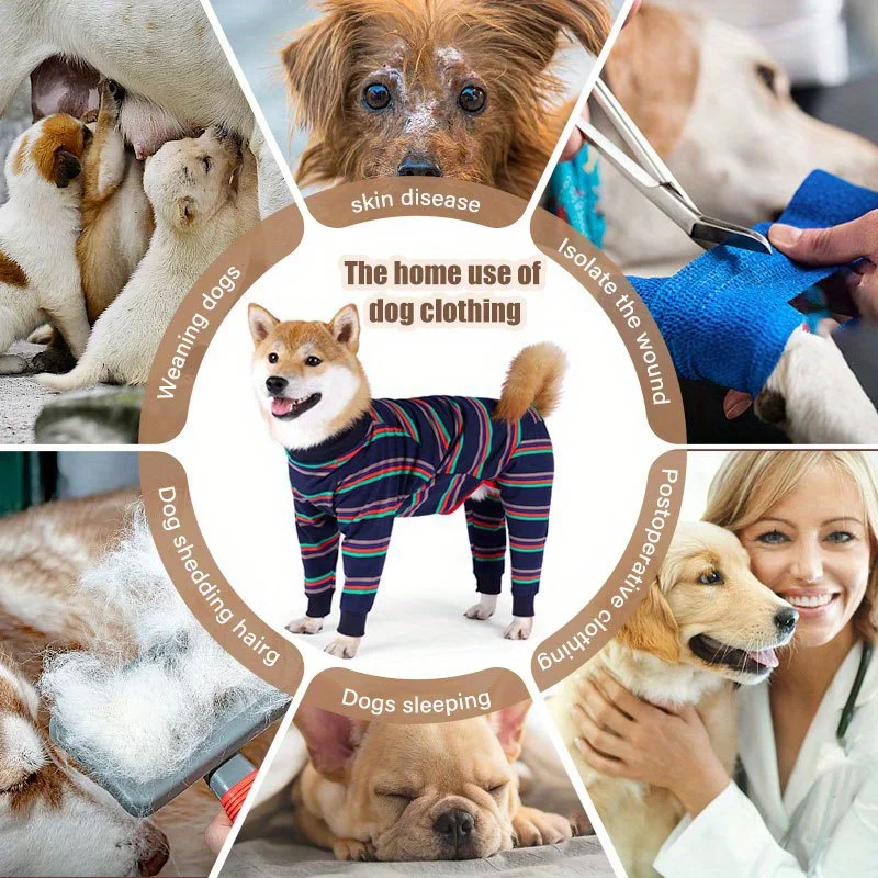 قميص مخطط للكلاب بعد الجراحة ملابس الفطام عالية المرونة بأربعة أرجل تغطية كاملة بيجامات ناعمة قابلة للتنفس صديقة للبيج