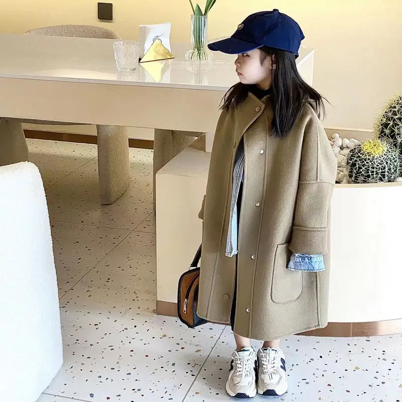 

Spring Autumn 2023 Warm Wool Blends Jacket for Girls New Korean Version Hooded Coat Mid-Length Casual Children's Clothing Z18