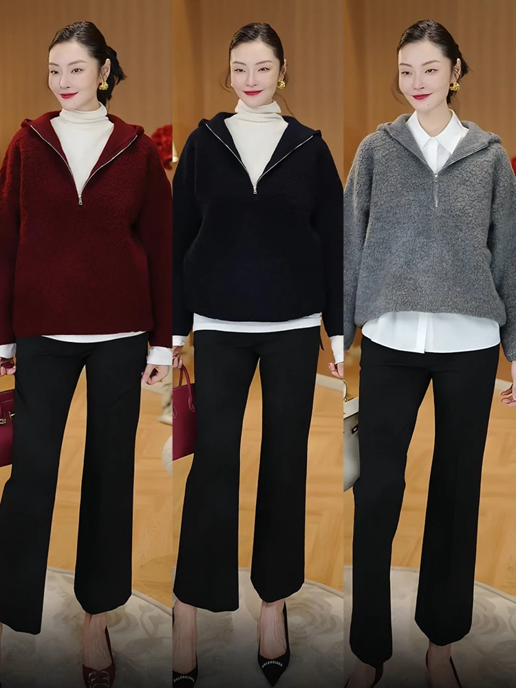 

Loose Fit Woolen Knitted Hat Sweater f Zipper Full Wool Lazy Sle Autumn Winter Warm Women's Faion Casual Hoodie