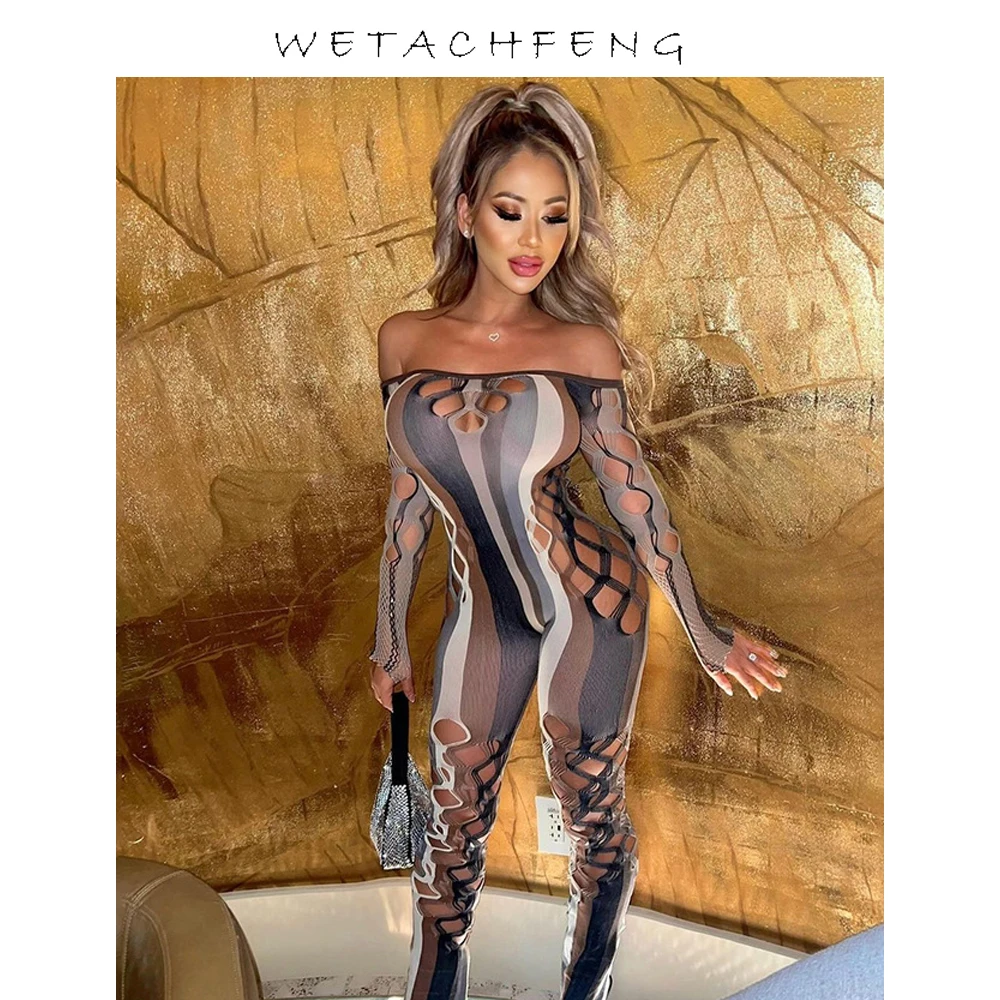 

Sexy Vintage Print Hollow Out Off Shoulder Long Sleeve Mesh Perspective Tight Women Jumpsuits Fashion Streetwear Rompers Clothes