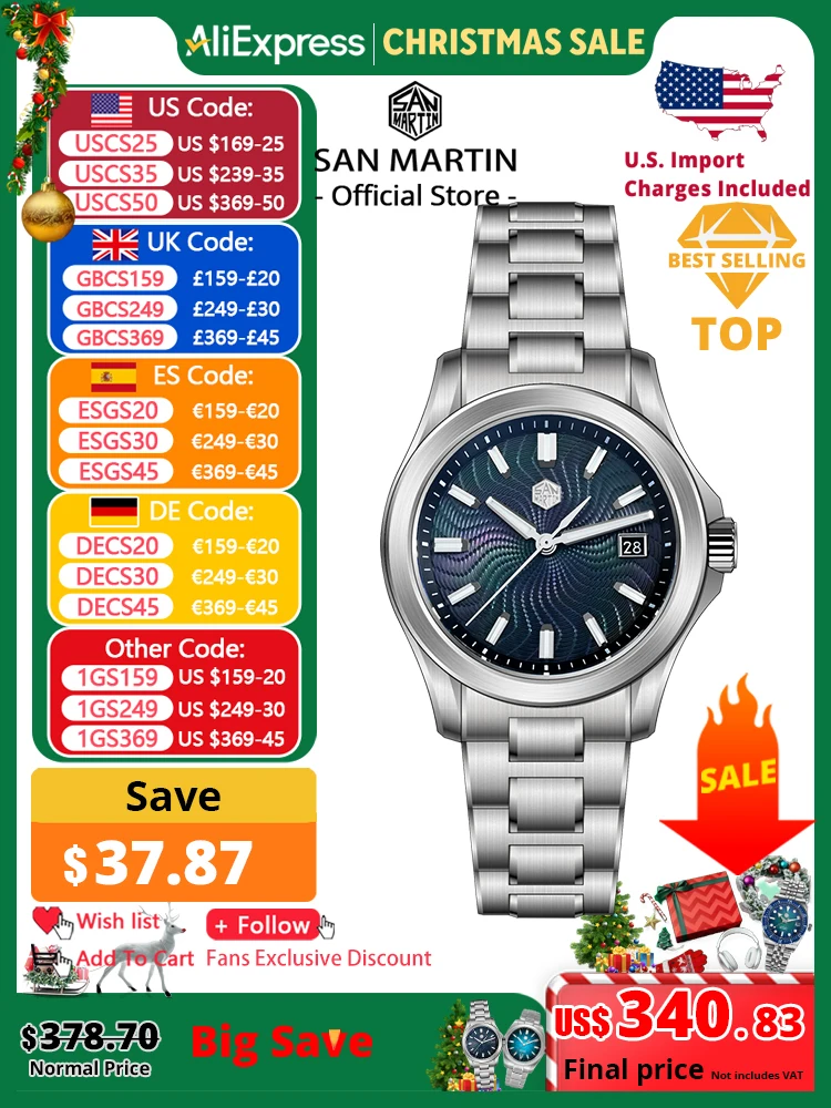 

San Martin Official 39mm Guilloche MOP Dial Gada Watch Miyota 9015 Luxury Men's Automatic Mechanical Watches 10 ATM reloj SN0150