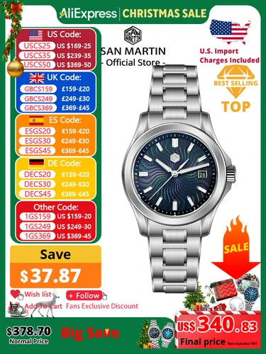 San Martin oficial 39mm Guilloche MOP Dial Gada reloj Miyota 9015 relojes mecánicos automáticos de lujo para hombres 10 ATM reloj SN0150
