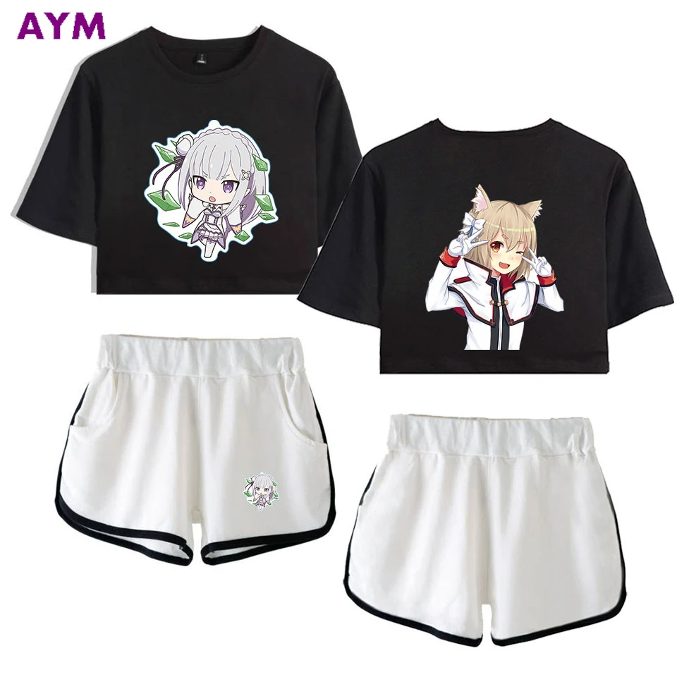 New Girls Short Sleeve Suits Girls Sexy Two Pieces SetsCute  Re Zero Rem And Ram T-shirt Shorts Pants Dew Navel Sport Suit