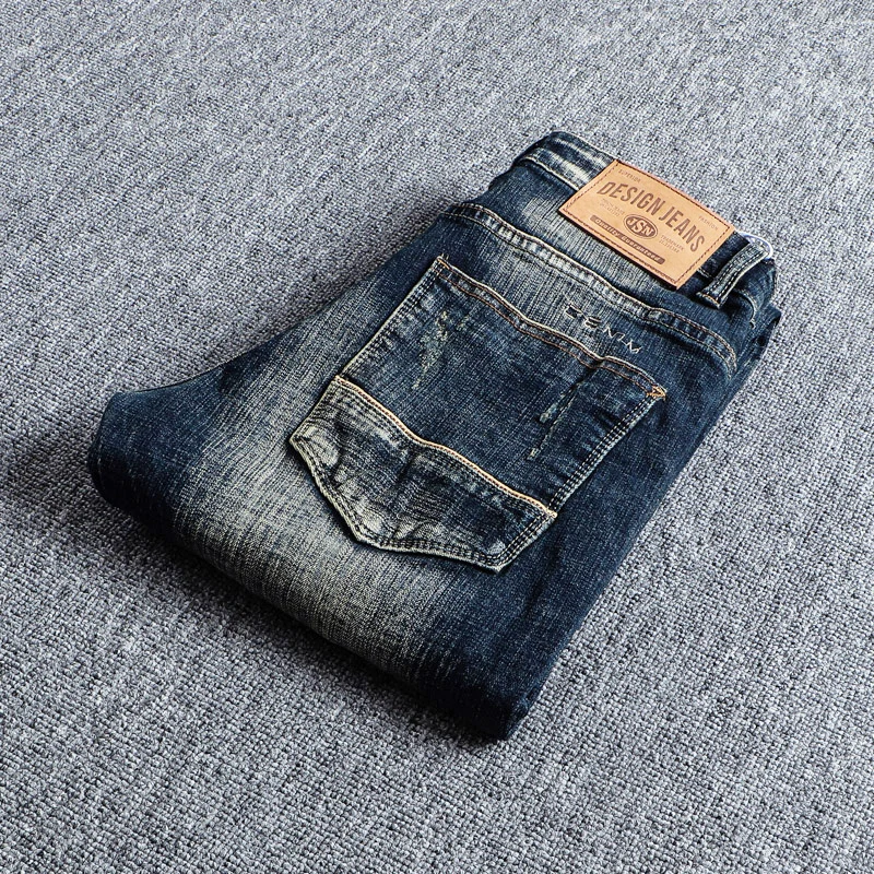 النمط الإيطالي موضة الرجال الجينز الرجعية أسود أزرق مطاطا سليم صالح ممزق جينز الرجال بنطلون Vintage مصمم عادية الدينيم السراويل