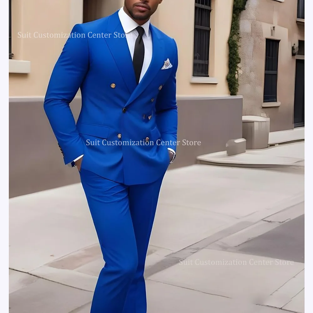 

Синие приталенные костюмы для мужчин, шикарные двубортные пиджаки с лацканами, комплект из двух предметов, куртка, брюки, официальный случай, вечерняя вечеринка, деловая одежда
