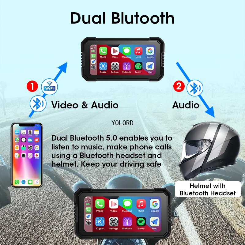 Portátil 6.25 polegadas navegação da motocicleta sem fio carplay android auto tela de toque à prova dwaterproof água moto monitor