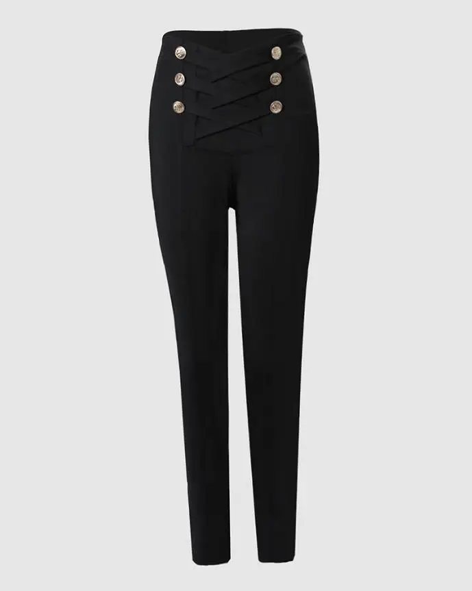 Damesbroek Hoge taille broek 2025, knoopdecoratie Kantoor Effen kleur Elegante heupliftlegging Magere potloodbroek