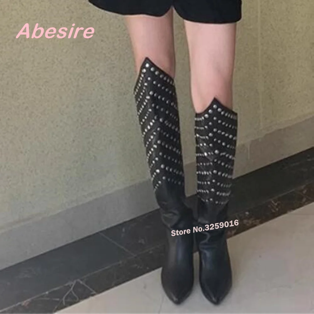 Pointy Toe Rivet Knee High Boots Kitten Heels Black Back Zipper Leather Solid Women\'s Boots Casual Large Size 44 Luxury Winter