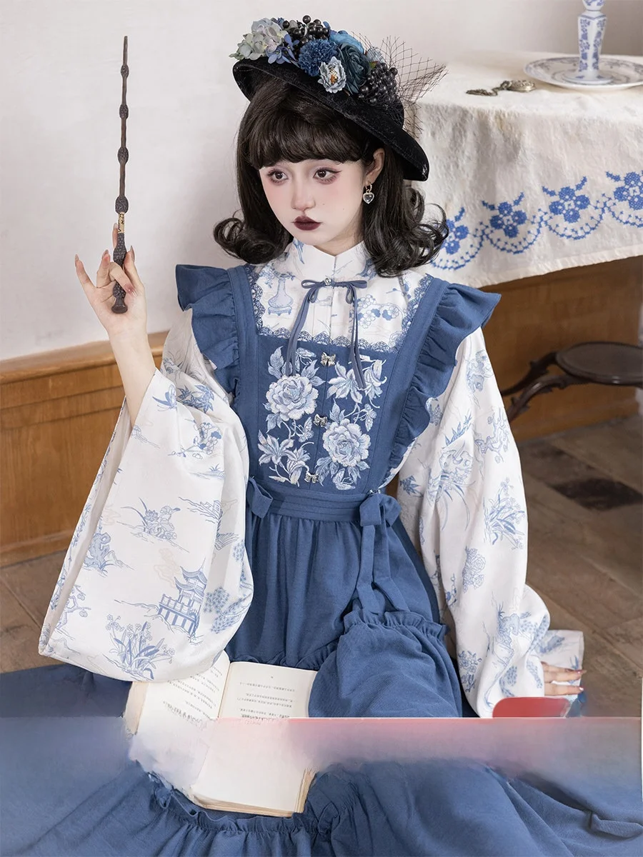 

Chuan Dai Time Qinghua Witch, новый китайский Sle Ming Dynas, воротник-стойка, длинный маленький фартук Flng Sve, комплект для женщин