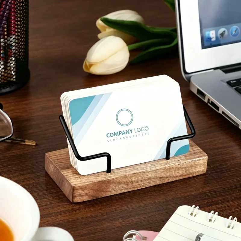Wooden Metal Business Card Holder for Desk Rustic Wooden Base Iron Wire Name Card Display Stand Desktop Business Card Organizer