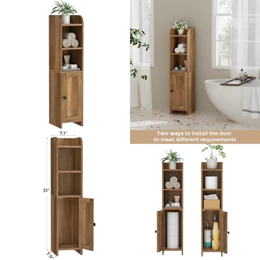 

Small Bathroom Storage Corner Floor Cabinet with Door and Shelves, Beside The Toilet Paper Stand for Skinny, Narrow Toilet Pape