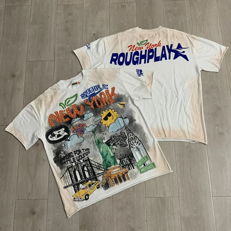 High Street Trend Rough Play T-shirts Men Women New Fashion Versatile Diamond Inlaid Retro Vintage Distressed Tops Stock