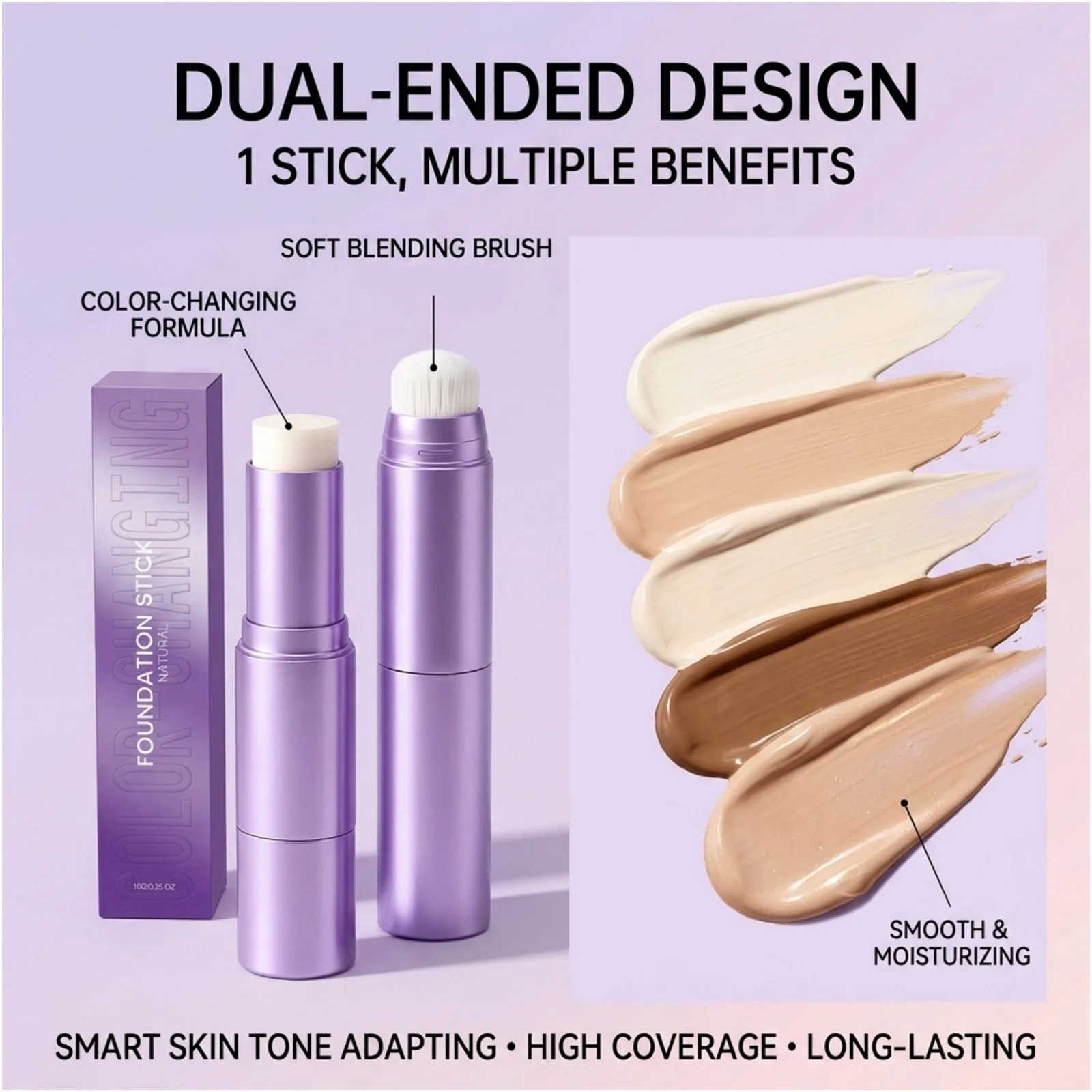 2In1 Dual Head Color Changing Foundation Stick Smart Skin Tone Adapt High Coverage Creamy Texture Long Lasting Face Makeup