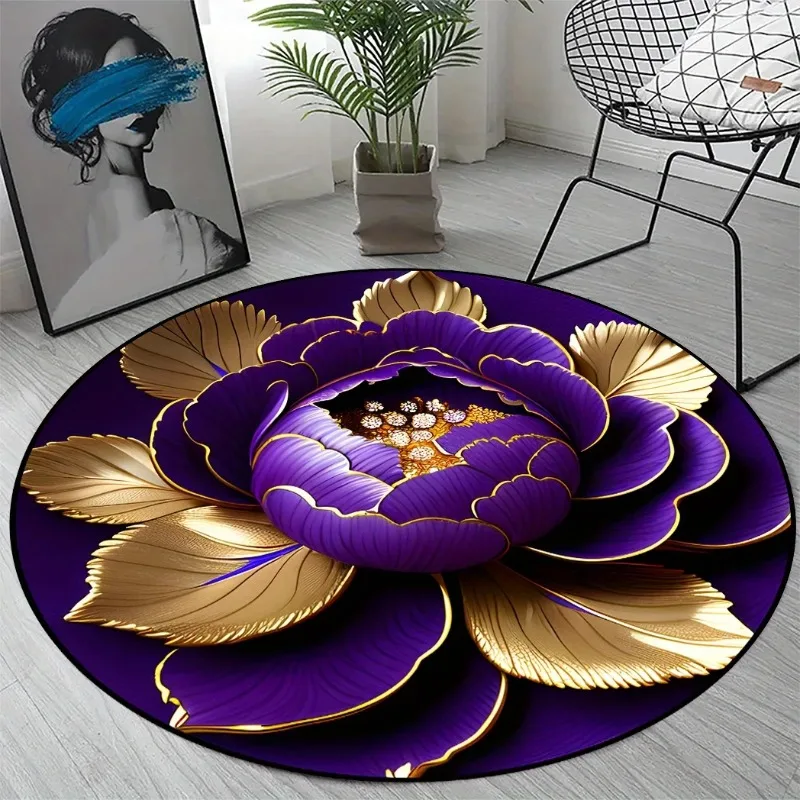 Runder Teppich mit königsblauem Blumenmuster – goldfarben besticktes Blüten-Design, rutschfeste Luxus-Bodenmatte für elegante Heimdekoration, Mode