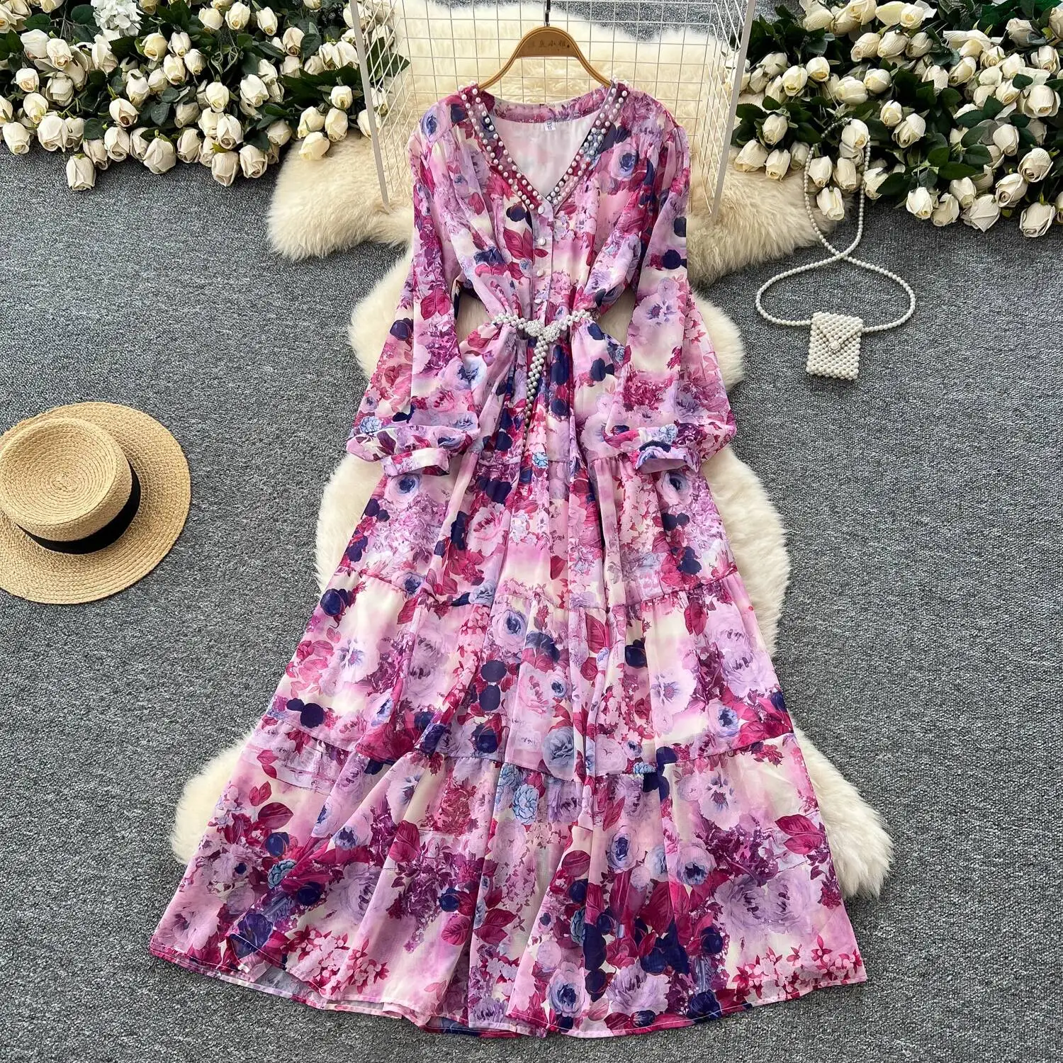 

Sexy Chic lantern sleeve Beading chain print Dress Elegant Korean Fashion Slim Summer vintage Long dress