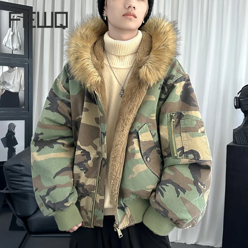 FEWQ Double Sided Hooded Cotton Jacket Thickened Velvet Fur Collar Camouflage Wear On Both Sides Male Tops Winter 24E5734