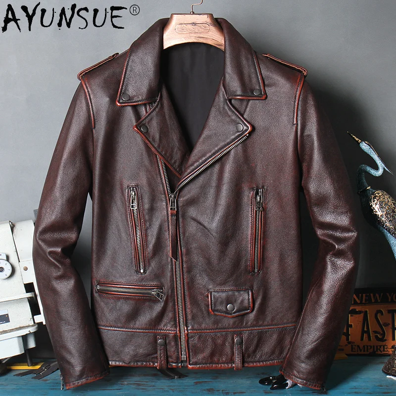 

Мужская короткая куртка из 100% натуральной коровьей кожи, мотоциклетная куртка в винтажном стиле, весна-осень 2024