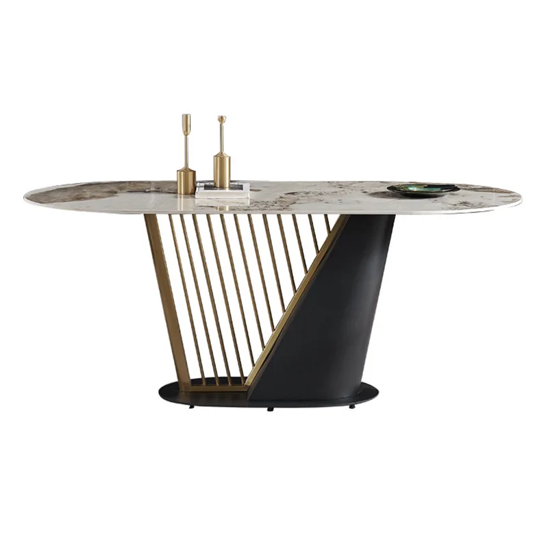 

Italian light luxury rock slab stainless steel dining table high-end light luxury oval modern simple small apartment household