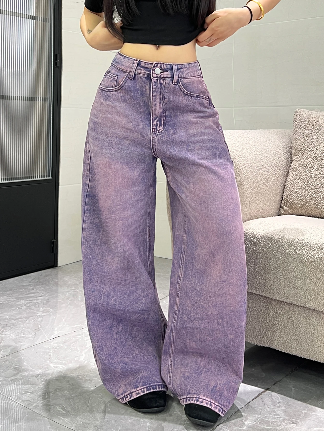 High Waisted Wide Leg Floor Mopping American Y2K Jeans, Purple Toned Snowflake Distressed Craftsmanship, Loose Hanging Pants