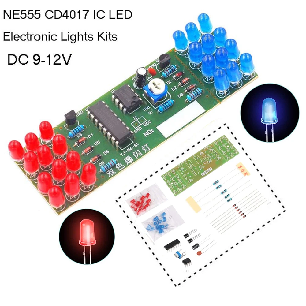 NE555 CD4017 IC LED zestawy świateł elektronicznych czerwony niebieski dwukolorowy zestaw do samodzielnego montażu stroboskop elektroniczny garnitur migające światła komponenty DIY
