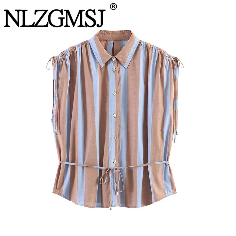 Nlzgmsj 2026 Sommer Elegante Damen Bluse mit gestreiftem Revers, Kordelzug an der Taille und gerafften Ärmeln – Lässige Bluse für Bürodamen
