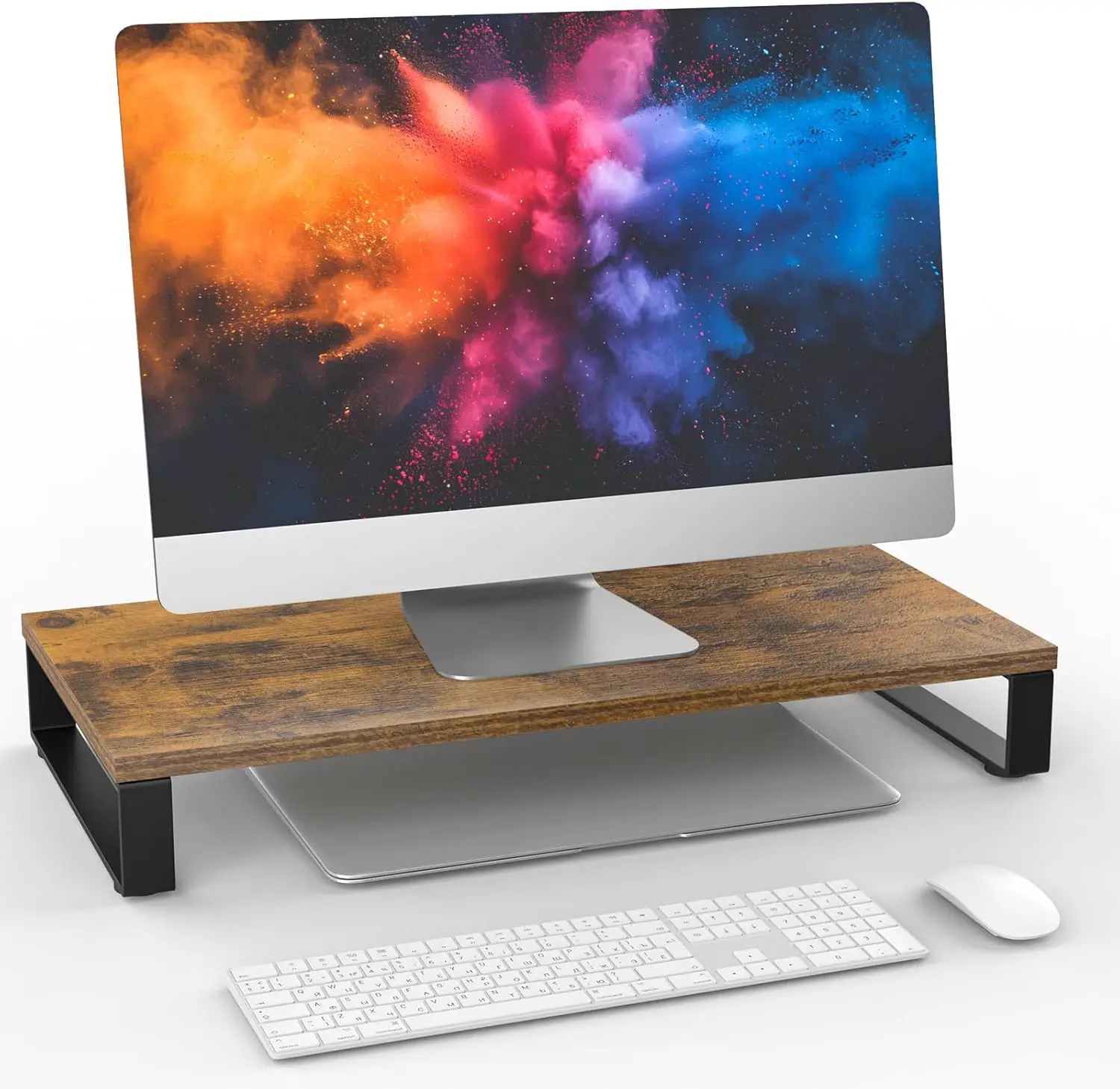 Wood & Steel Monitor Stand with Storage Organizer for Office Laptop, PC, Printer - 24x12 inch