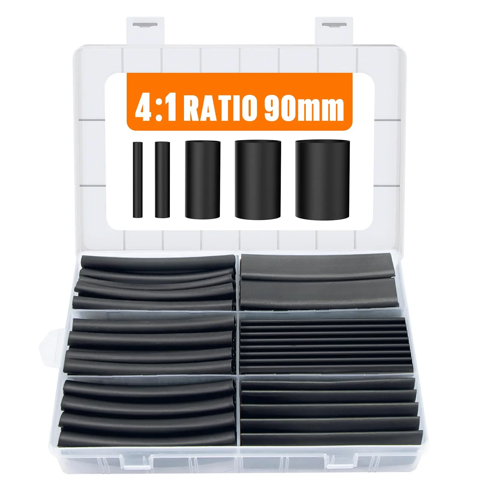 Kit de tubos termo retráteis, 5 tamanhos, 90mm/3.54 polegadas, 75 peças, proporção 4:1, forrado adesivo, tubo de parede dupla, grau marinho, tubos de envoltório termo retrátil