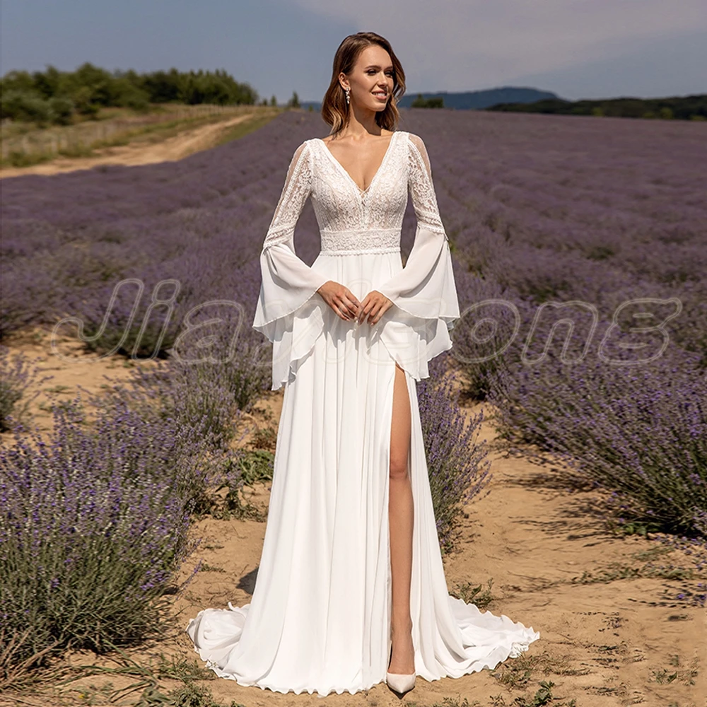 Bohemian Boho Wedding Dress Customized Flare Sleeve V Neck Lace Beach Bridal Gown Backless A Line Split Chiffon Bride Dresses