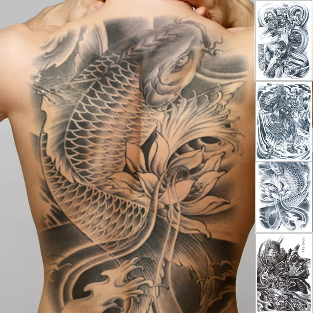 

Full Back Large Tattoo Sticker Waterproof Temporary Tattoos Carp Lotus Dragon Buddha Fake Tatoo Body Art Painting For Men Women