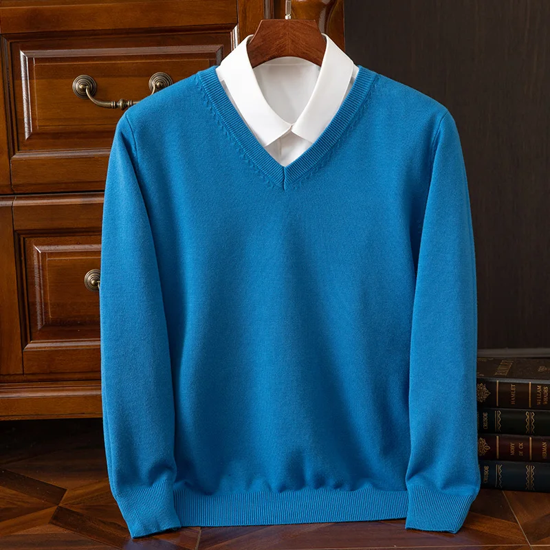 In autunno e inverno, il nuovo 2024 da uomo con scollo a v 100% pura lana plus size maglione casual allentato addensato maglione lavorato a maglia