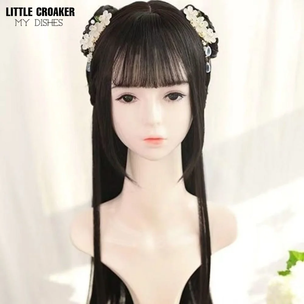 Braided Bun with Neat Bangs Vintage Wigs for Women Han Dynasty Ancient Style Wig Chinese Ancient Girl Cosplay Costume