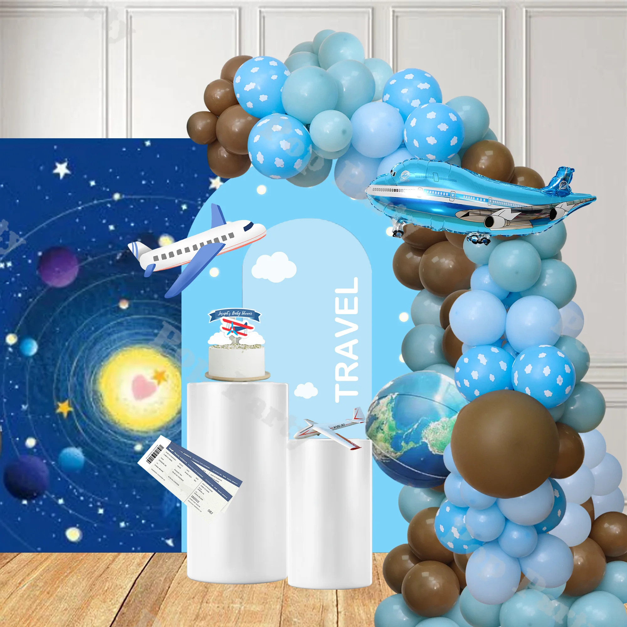 103pcs Dusty Blue and Caramel Balloon Arch Set Kids Birthday Party Decoration Balloon Travel Theme for Graduation Season