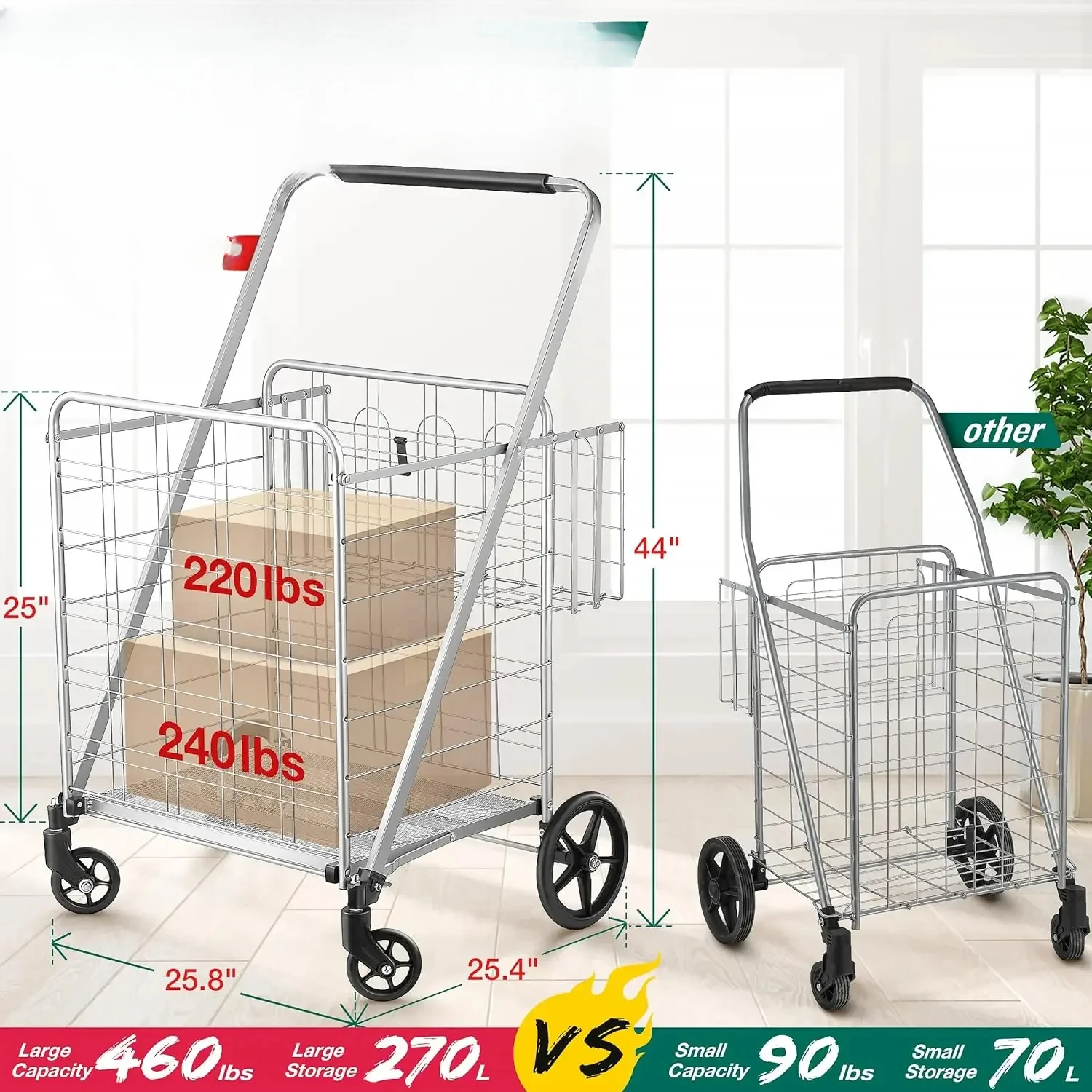 Shopping Cart, 460 lbs Upgrade Super Capacity Grocery Cart Extra Jumbo Double