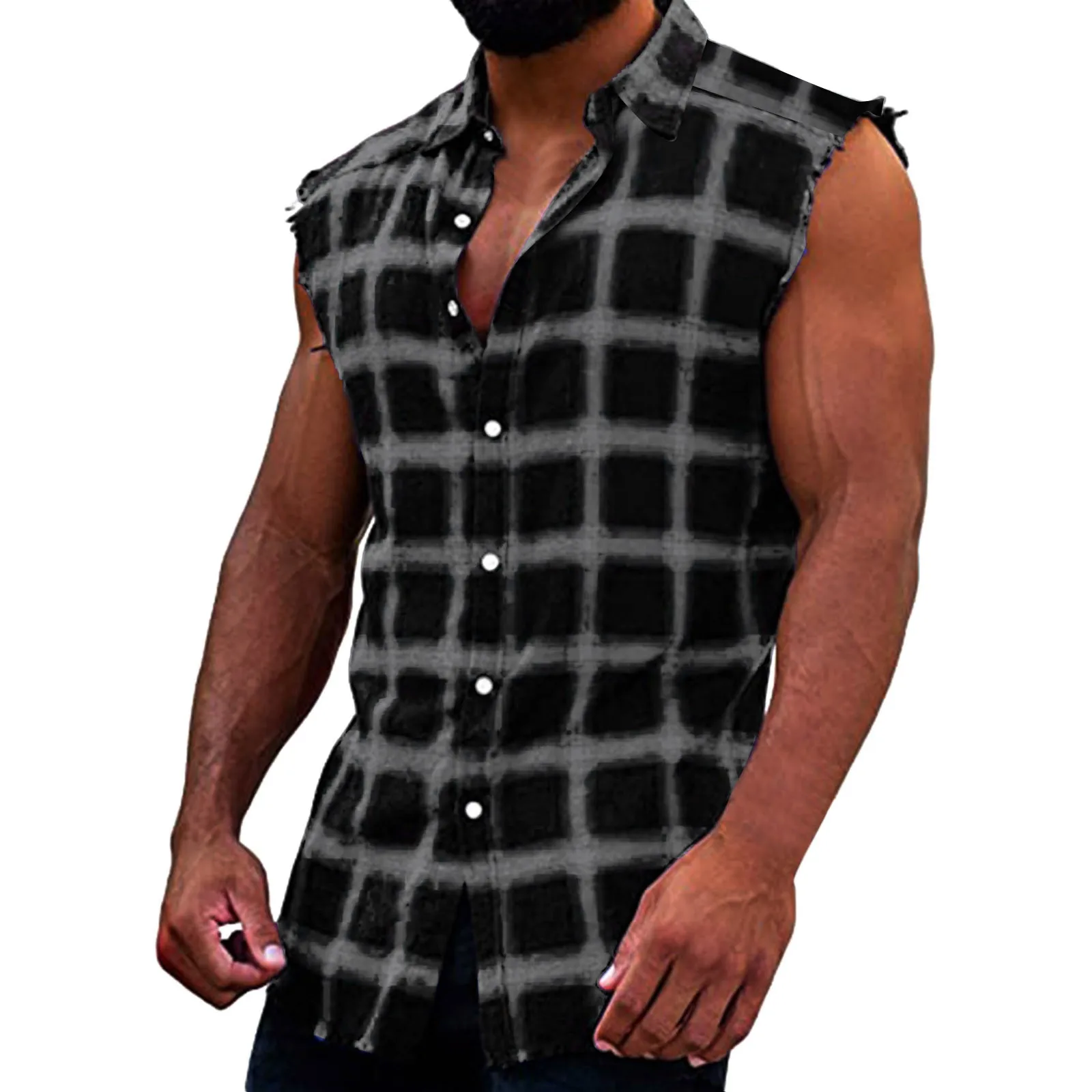 Men\'s Summer Fashion Casual Plaid Print Sleeveless T Shirt Vest Buckle Sanding 2022 Korean Style Mens Tank Tops Beach Vest