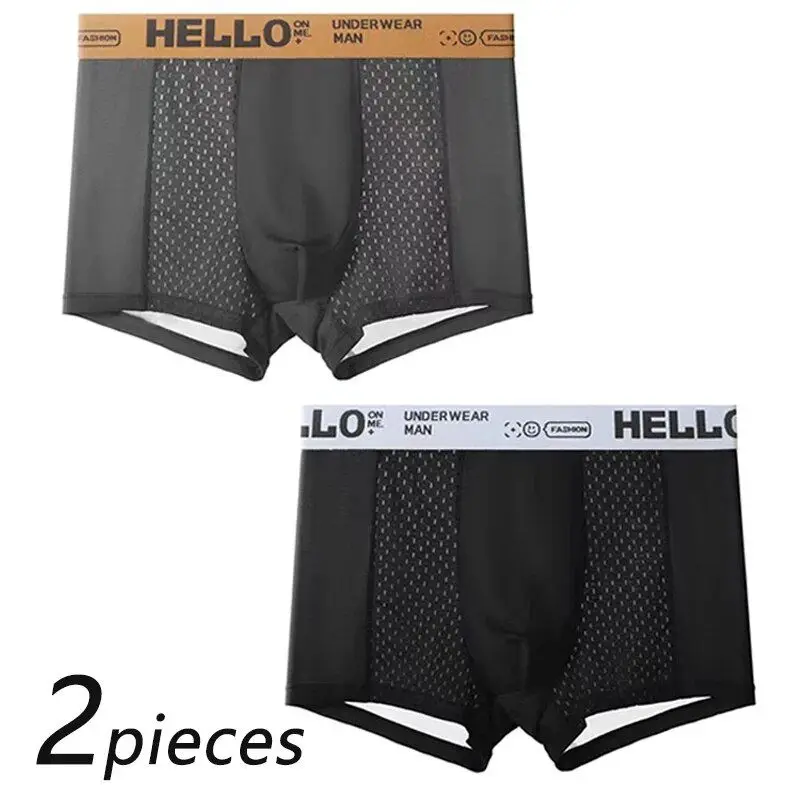 2 Pieces Men Boxers Shorts Underpants Underwear Black Dark Gray 2XL 3XL 4XL Ice Silk High Stretch Sports Breathable Fashion