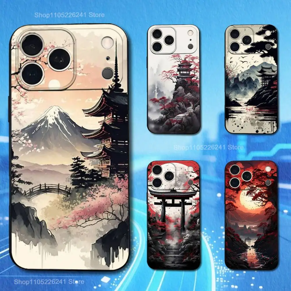 

Japanese Landscape Painting For iPhone 13,16,11,14,17,12,15,Plus,Pro Max,XS,X,XR,SE,Mini,8,7,Phone Case Soft Silicone Black
